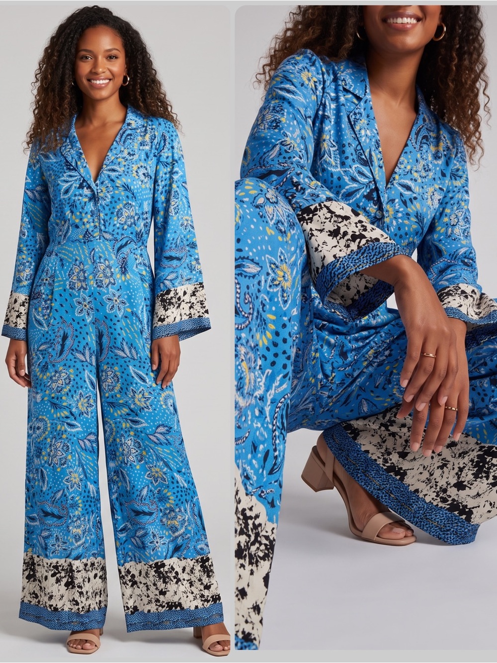 TAJ by Sabrina Crippa Blue Printed Beaded V-Neck Wide-Leg Jumpsuit NWT $210